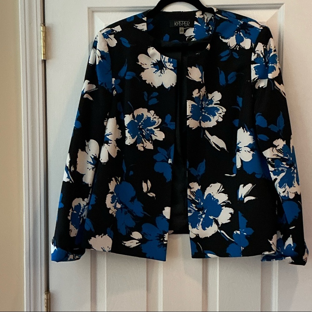 Kasper Black Floral Jacket with Blue and White Blooms